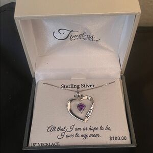 Sterling Silver Heart Pendant Necklace with Purple Stone - Mom